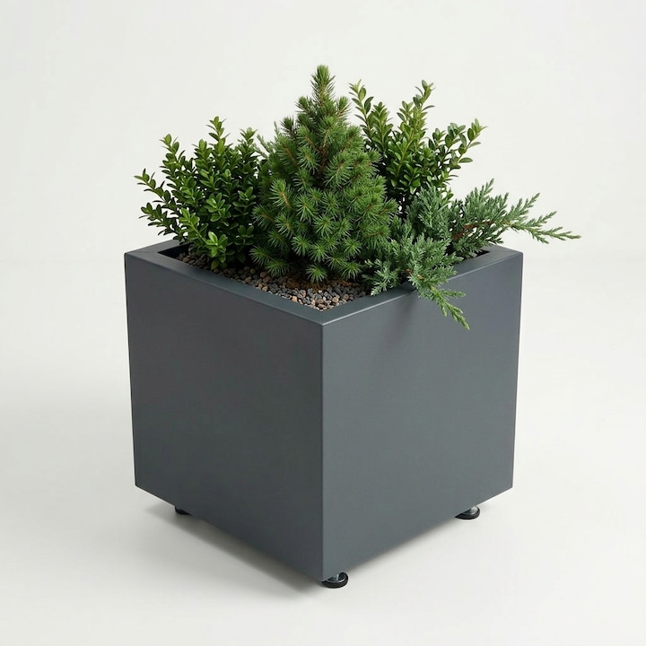 Jardiniera decorativa din tabla zincata si vopsita de culoare Gri antracit 40x40x40x cm