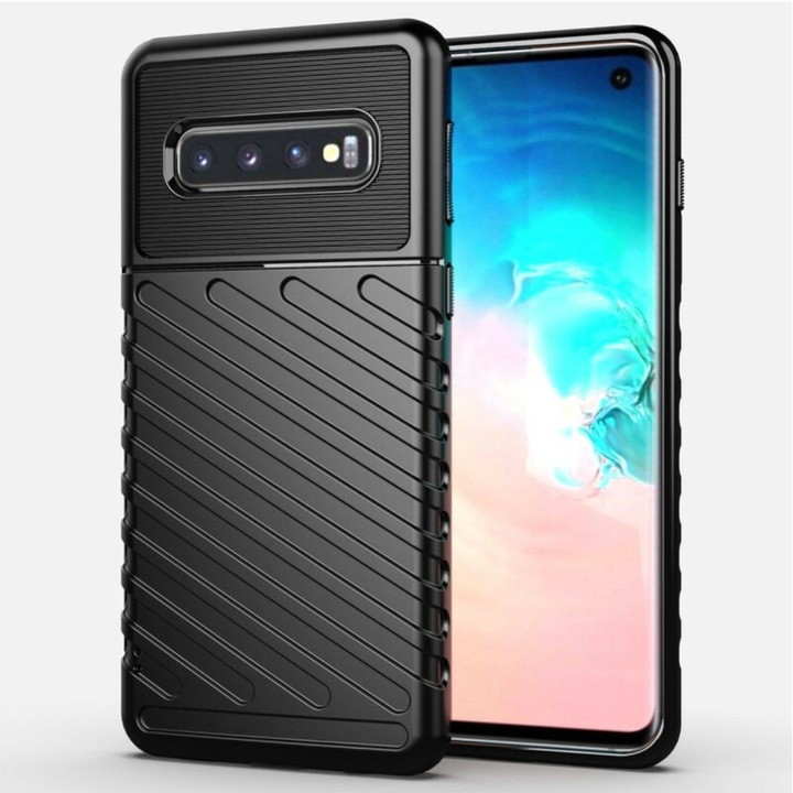 Husa Carbon Design, pentru Samsung Galaxy S10, rezistenta la socuri, Shield Thunder, Negru