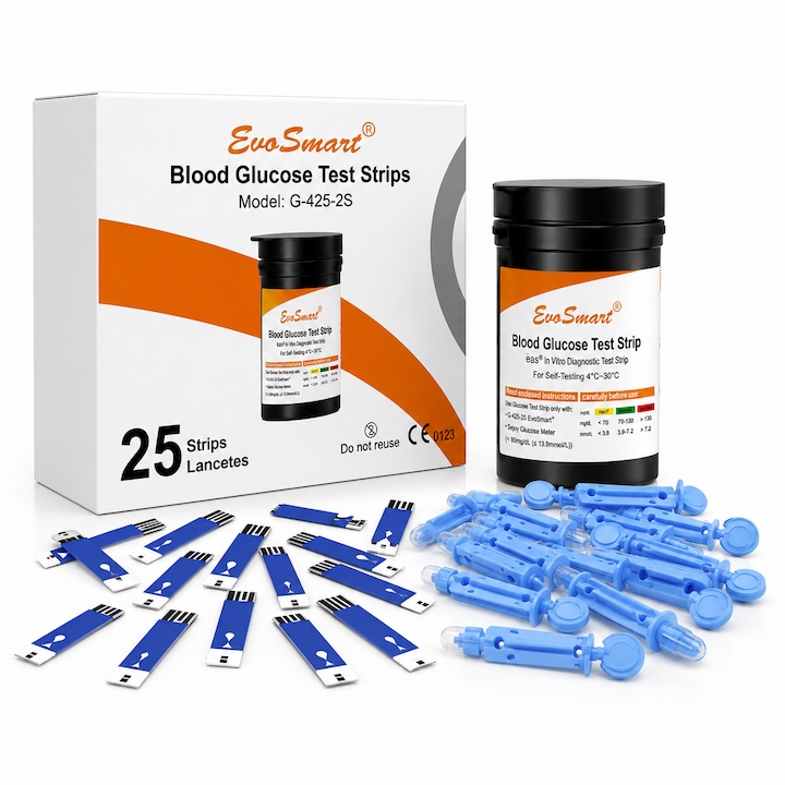Set 25 Teste Glicemice si 25 Ace (Lancete) EvoSmart, Compatibul cu Glucometru EvoSmart G-425-2