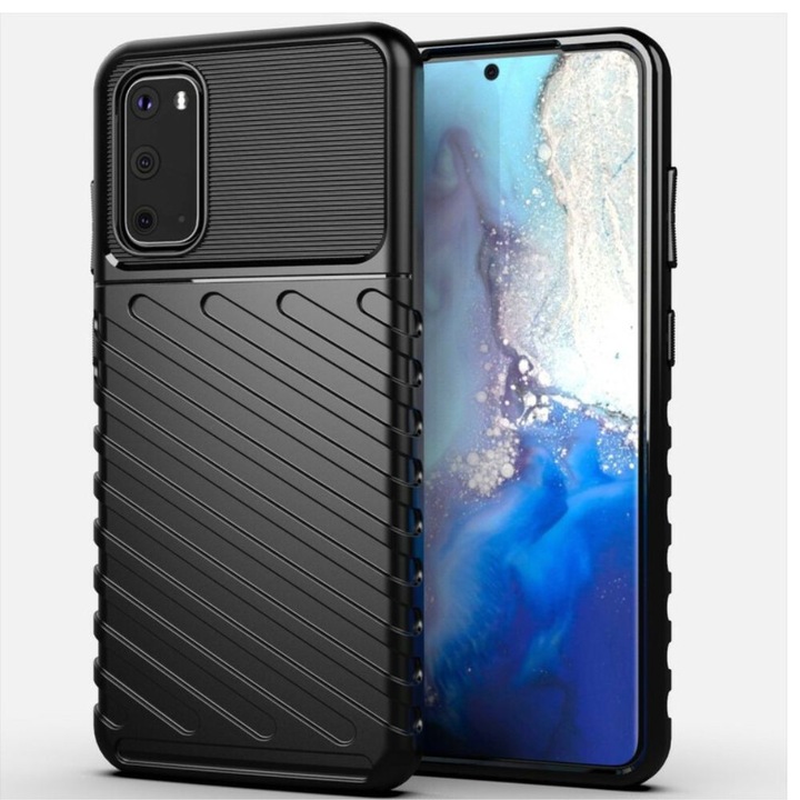 Husa Carbon Design, pentru Samsung Galaxy S20, rezistenta la socuri, Shield Thunder, Negru