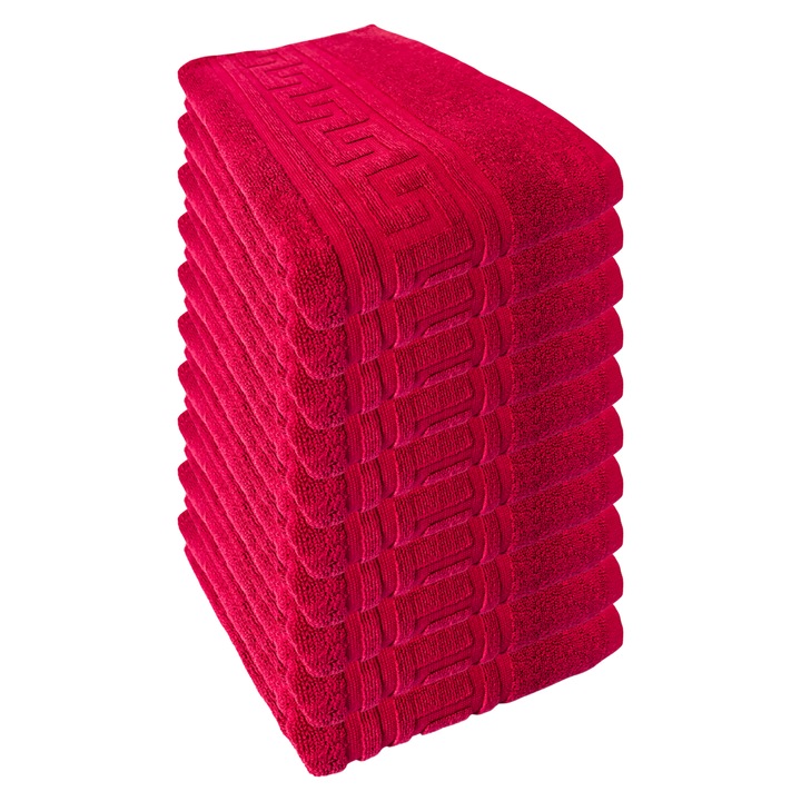 Set 10 Prosoape Greek, 70x130 cm, 500 GSM, 100% Bumbac Pakistanez, Rosu, Model Greek Bordor