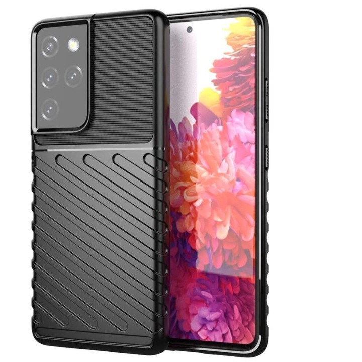 Husa Carbon Design, pentru Samsung Galaxy S22 Ultra, rezistenta la socuri, Shield Thunder, Negru