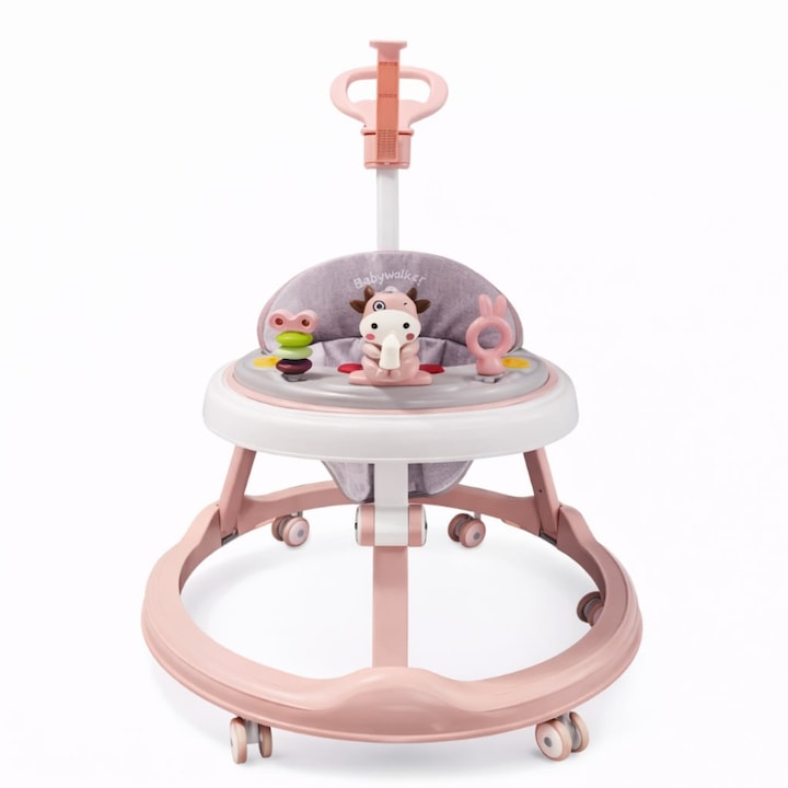 Проходилка за бебета 6-18 месеца Mixbo, сгъваема с едно кликване, регулируема на височина, с център за занимания модел кравичка – розов/сив - родителска дръжка