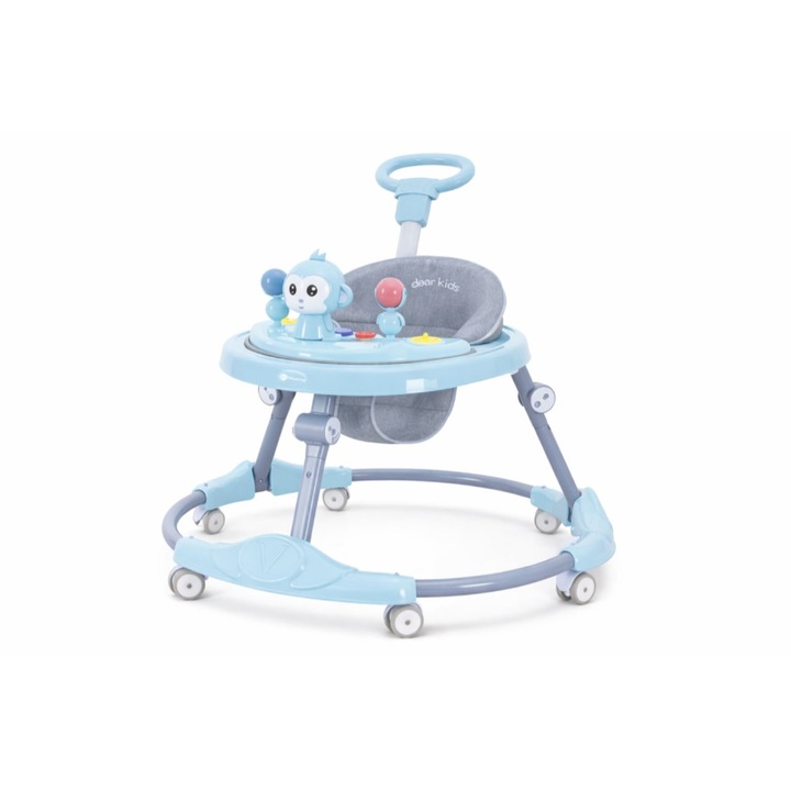 Premergator Bebe Pliabil Mixbo, 6-18 Luni, Reglabil pe 6 Niveluri, cu Centru de Activitati Model Maimuta, Albastru/Gri - Maner Parental