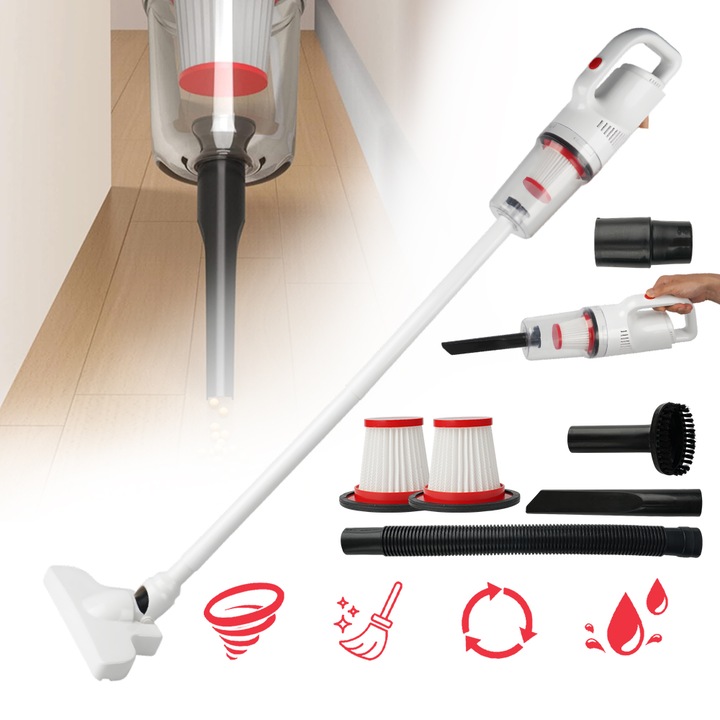 Aspirator vertical fara fir, Bedee, 2 filtre HEPA si recipient mare de praf de 500 ml, Perii Multiple, 12000Pa putere, Performanta ridicata, aspiratie puternica, Pentru Casa Si Birou, Compact Si Usor, Curatare Praf Si Murdarie, Alb