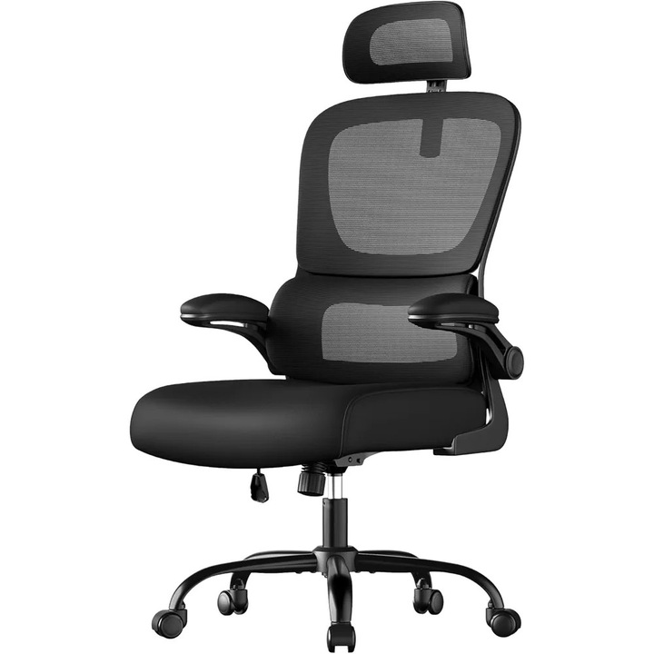Scaun birou ergonomic Songmics, tetiera reglabila, suport lombar autoajustabil, negru, 113.5-121.5cm