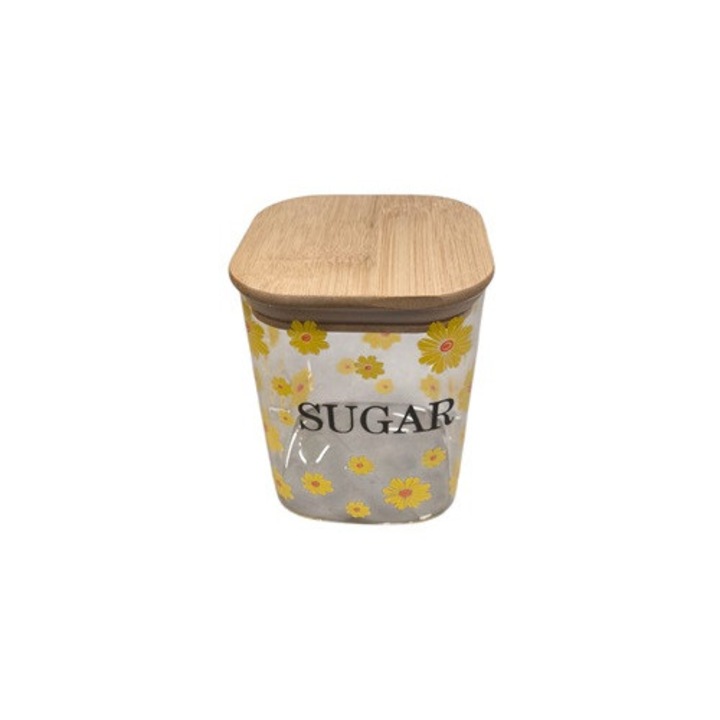 Borcan pentru depozitare din sticla cu capac bambus, 10 x 10 cm, Clini Sugar patrat