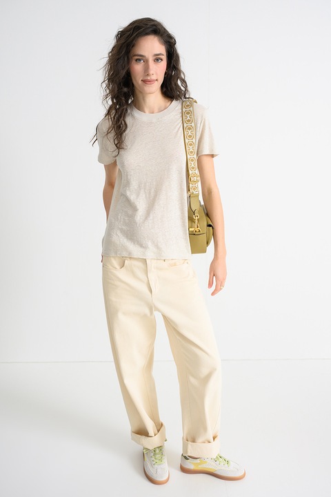 United Colors of Benetton, Tricou din in cu model uni, Alb murdar