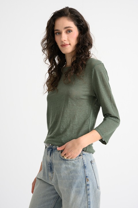 United Colors of Benetton, Bluza din in cu model uni, Verde feriga