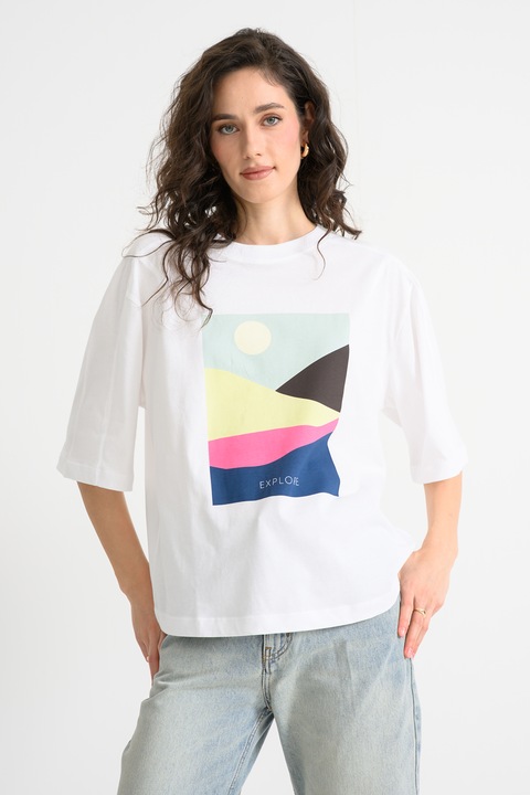 United Colors of Benetton, Bluza lejera cu imprimeu si maneci medii, Verde pal/Alb optic