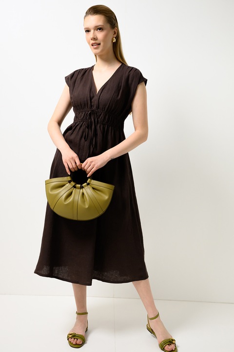 United Colors of Benetton, Rochie din in cu snur in talie, Maro inchis