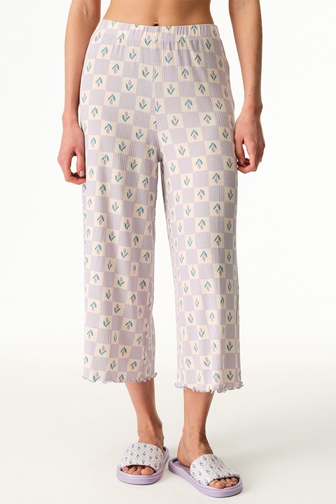 Penti, Pijama crop de pijama cu model, Violet deschis/Bej