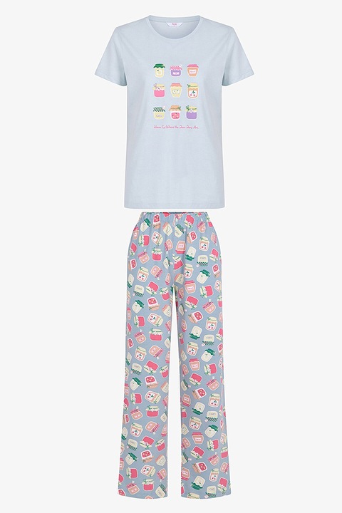 Penti, Pijama din bumbac cu model grafic, Roz/Albastru deschis