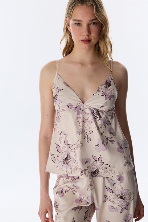 Penti, Top de pijama din satin cu model floral, Violet deschis/Bej