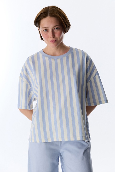 Penti, Bluza de pijama cu model in dungi, Alb fildes/Albastru azur