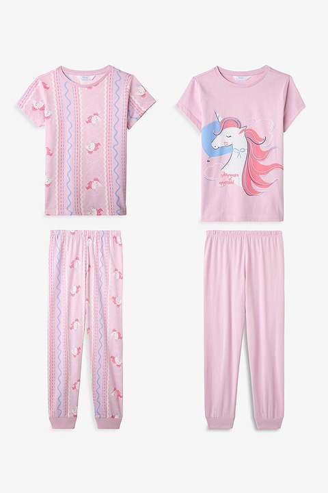 Penti, Set de pijamale lungi cu imprimeu cu unicorn - 4 piese, Albastru azur/Roz