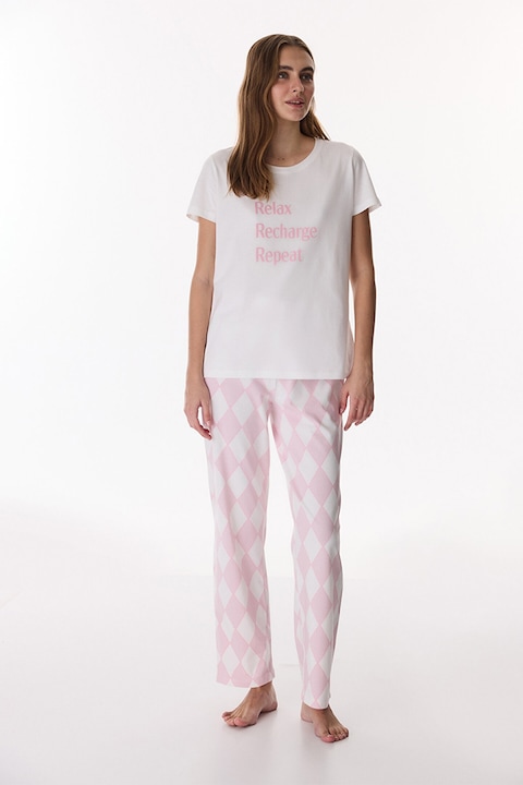 Penti, Pijama din amestec de bumbac cu model, Alb/Roz deschis
