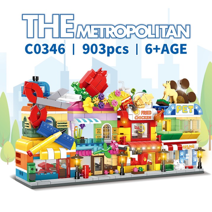 Set de Constructie cu Piese Tip Blocuri Constructie MiniBric® The Metropolitan, 4 Magazine Individuale, Pentru Baieti si Fete, C0346, Cadou Ideal Pentru Copii Pasionati de Jucarii de Constructie, 903 Piese
