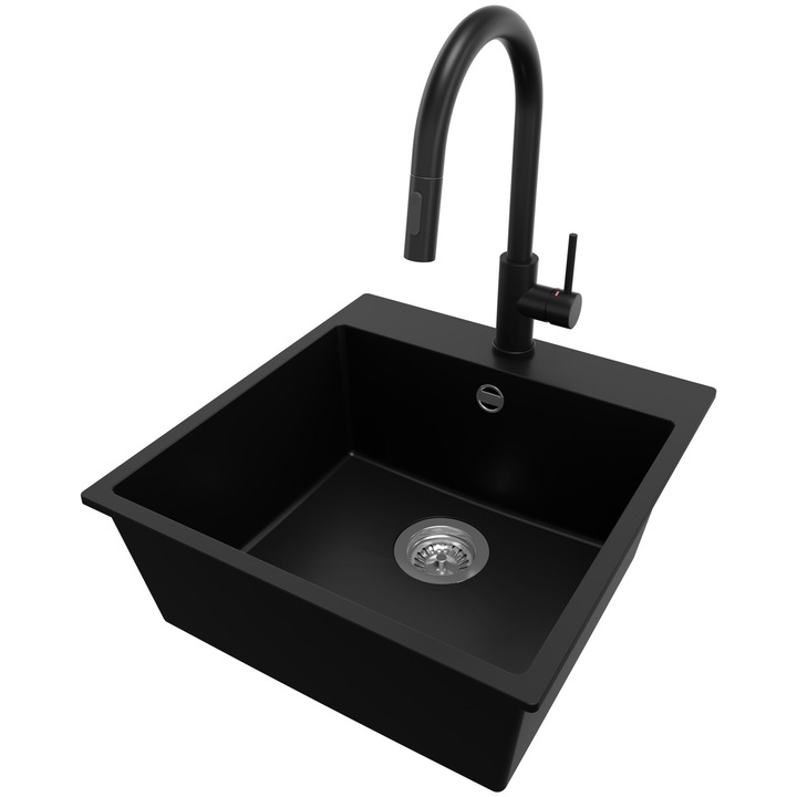 Chiuveta de bucatarie din granit 48x50cm, Chiuveta 1 Cuva + Baterie 40x20cm + Sifon, Pentru dulap de 50cm, Riga PRIMAGRAN, Negru S079
