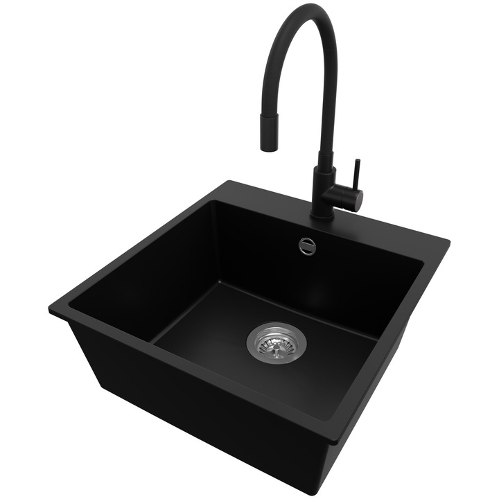 Chiuveta de bucatarie din granit 48x50cm, Chiuveta 1 Cuva + Baterie 40x38cm + Sifon, Pentru dulap de 50cm, Riga PRIMAGRAN, Negru S087