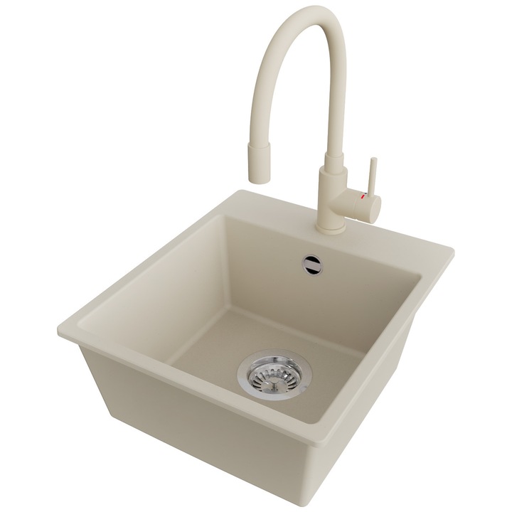 Chiuveta de bucatarie din granit 38x44cm, Chiuveta 1 Cuva + Baterie 38x14cm + Sifon, Pentru dulap de 40cm, Riga PRIMAGRAN, Bej S160
