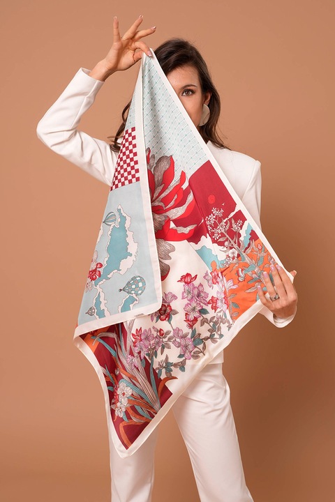 Hermosa, Esarfa din amestec de matase cu imprimeu, Rosu, Portocaliu, Albastru