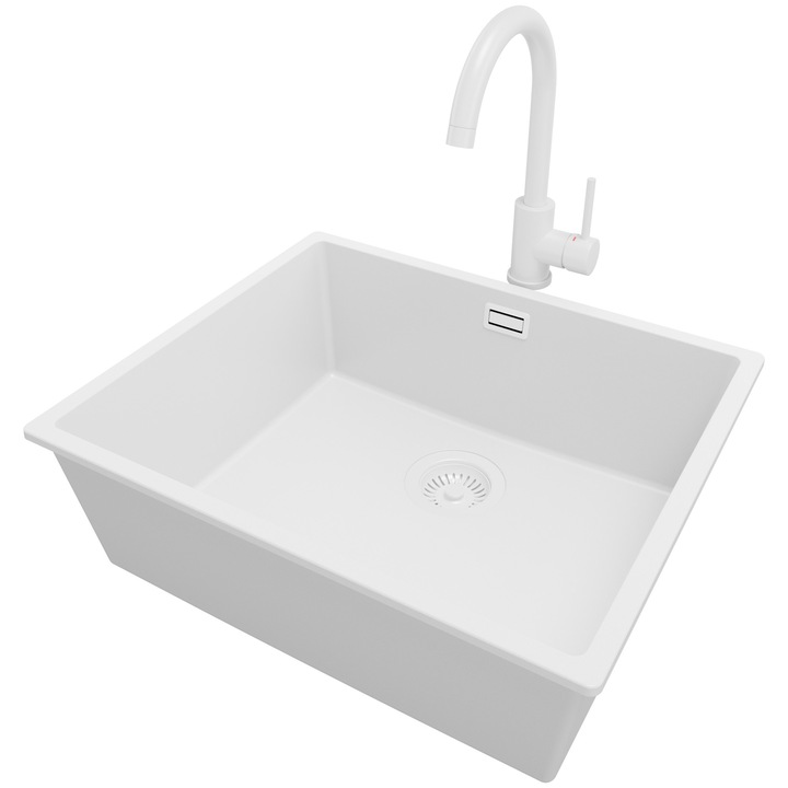 Chiuveta sub blat 56x47cm, Chiuveta 1 Cuva + Baterie 32x20cm + Sifon, Pentru dulap de 60cm, Londra PRIMAGRAN, Complet Alb S329