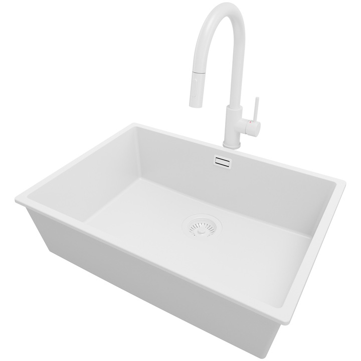 Chiuveta sub blat 66x47cm, Chiuveta 1 Cuva + Baterie 40x20cm + Sifon, Pentru dulap de 70cm, Londra PRIMAGRAN, Complet Alb S378