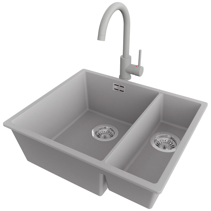 Chiuveta sub blat 56x47cm, Chiuveta 1, 5 Cuve + Baterie 32x20cm + Sifon, Pentru dulap de 60cm, Londra PRIMAGRAN, Gri S462