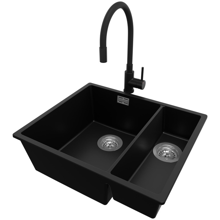 Chiuveta sub blat 56x47cm, Chiuveta 1, 5 Cuve + Baterie 40x38cm + Sifon, Pentru dulap de 60cm, Londra PRIMAGRAN, Negru S474