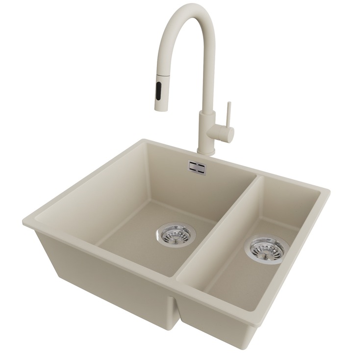 Chiuveta sub blat 56x47cm, Chiuveta 1, 5 Cuve + Baterie 40x20cm + Sifon, Pentru dulap de 60cm, Londra PRIMAGRAN, Bej S472