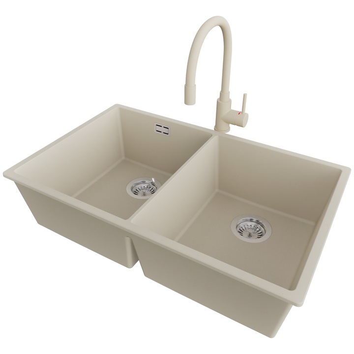 Chiuveta sub blat 76x47cm, Chiuveta 2 Cuve + Baterie 38x14cm + Sifon, Pentru dulap de 80cm, Londra PRIMAGRAN, Bej S536