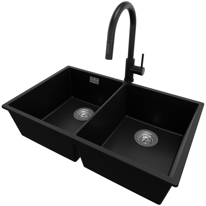 Chiuveta sub blat 76x47cm, Chiuveta 2 Cuve + Baterie 40x20cm + Sifon, Pentru dulap de 80cm, Londra PRIMAGRAN, Negru S522