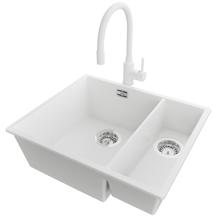 Chiuveta sub blat 56x47cm, Chiuveta 1, 5 Cuve + Baterie 38x14cm + Sifon, Pentru dulap de 60cm, Londra PRIMAGRAN, Alb S476