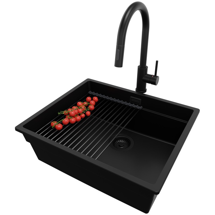 Chiuveta de bucatarie din granit 56x47cm, Chiuveta 1 Cuva + Baterie 40x20cm + Sifon + Suprafata de scurgere rulabila + Accesorii, Pentru dulap de 60cm, Praga PRIMAGRAN, Complet Negru S662
