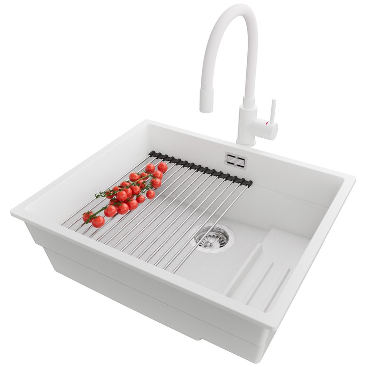 Chiuveta sub blat 56x47cm, Chiuveta 1 Cuva + Baterie 38x14cm + Sifon + Suprafata de scurgere rulabila + Accesorii, Pentru dulap de 60cm, Praga PRIMAGRAN, Alb S671