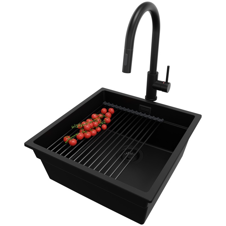 Chiuveta de bucatarie din granit 46x47cm, Chiuveta 1 Cuva + Baterie 40x20cm + Sifon + Suprafata de scurgere rulabila + Accesorii, Pentru dulap de 50cm, Praga PRIMAGRAN, Complet Negru S636