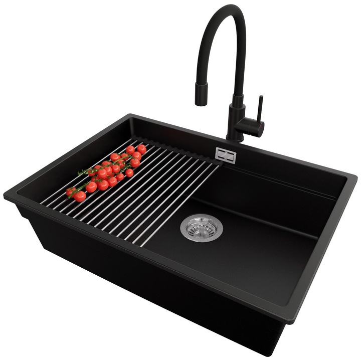 Chiuveta sub blat 66x47cm, Chiuveta 1 Cuva + Baterie 40x38cm + Sifon + Suprafata de scurgere rulabila + Accesorii, Pentru dulap de 70cm, Praga PRIMAGRAN, Negru S702