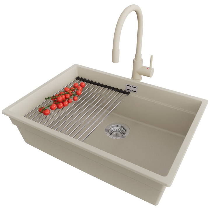 Chiuveta sub blat 66x47cm, Chiuveta 1 Cuva + Baterie 38x14cm + Sifon + Suprafata de scurgere rulabila + Accesorii, Pentru dulap de 70cm, Praga PRIMAGRAN, Bej S705