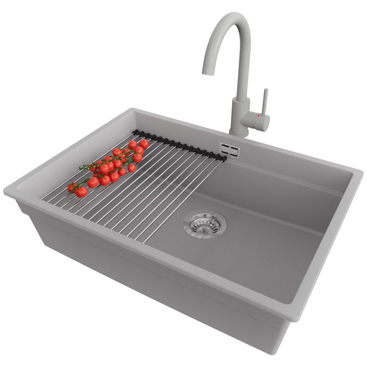 Chiuveta sub blat 66x47cm, Chiuveta 1 Cuva + Baterie 32x20cm + Sifon + Suprafata de scurgere rulabila + Accesorii, Pentru dulap de 70cm, Praga PRIMAGRAN, Gri S696