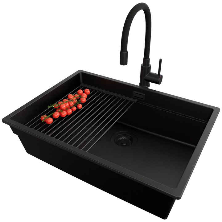 Chiuveta sub blat 66x47cm, Chiuveta 1 Cuva + Baterie 40x38cm + Sifon + Suprafata de scurgere rulabila + Accesorii, Pentru dulap de 70cm, Praga PRIMAGRAN, Complet Negru S709