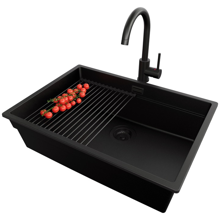 Chiuveta sub blat 66x47cm, Chiuveta 1 Cuva + Baterie 32x20cm + Sifon + Suprafata de scurgere rulabila + Accesorii, Pentru dulap de 70cm, Praga PRIMAGRAN, Complet Negru S707