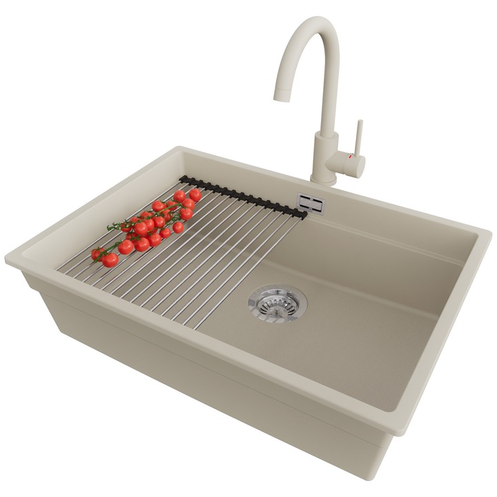 Chiuveta sub blat 66x47cm, Chiuveta 1 Cuva + Baterie 32x20cm + Sifon + Suprafata de scurgere rulabila + Accesorii, Pentru dulap de 70cm, Praga PRIMAGRAN, Bej S697