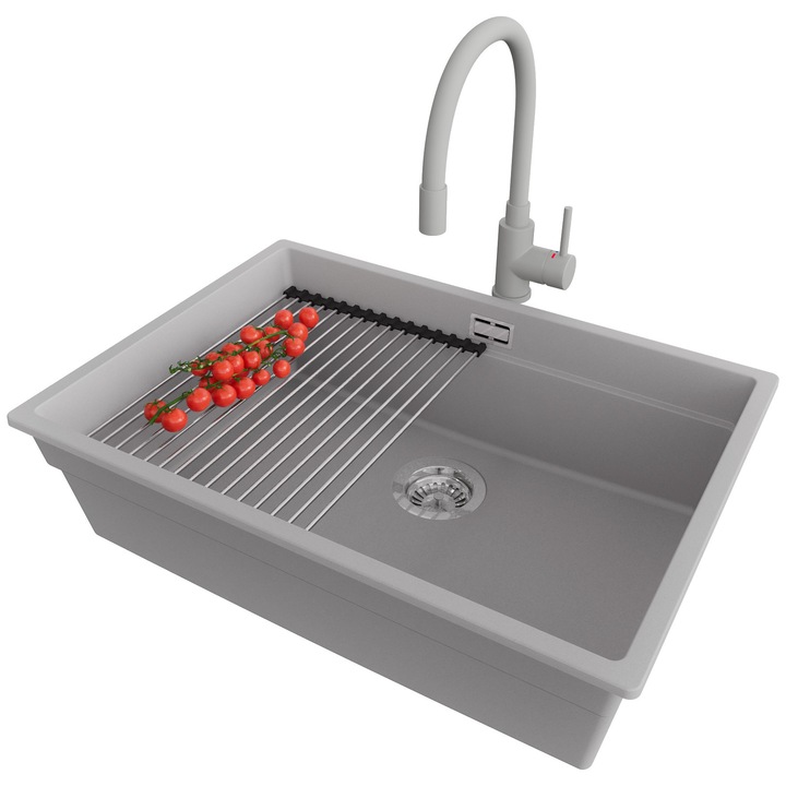 Chiuveta de bucatarie din granit 66x47cm, Chiuveta 1 Cuva + Baterie 38x14cm + Sifon + Suprafata de scurgere rulabila + Accesorii, Pentru dulap de 70cm, Praga PRIMAGRAN, Gri S726
