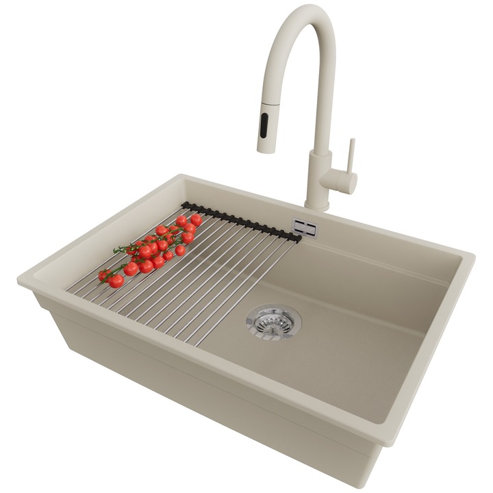 Chiuveta sub blat 66x47cm, Chiuveta 1 Cuva + Baterie 40x20cm + Sifon + Suprafata de scurgere rulabila + Accesorii, Pentru dulap de 70cm, Praga PRIMAGRAN, Bej S701