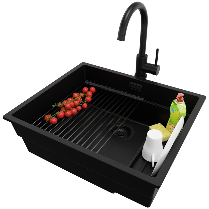 Chiuveta de bucatarie din granit 56x47cm, Chiuveta 1 Cuva + Baterie 32x20cm + Sifon + Suprafata de scurgere rulabila + Accesorii, Pentru dulap de 60cm, Praga PRIMAGRAN, Complet Negru S685