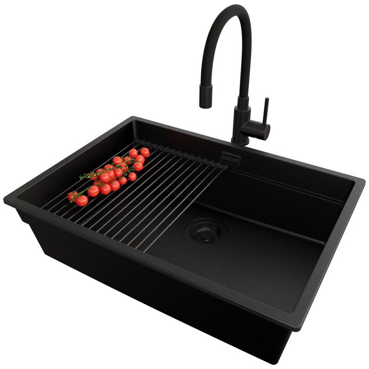 Chiuveta de bucatarie din granit 66x47cm, Chiuveta 1 Cuva + Baterie 40x38cm + Sifon + Suprafata de scurgere rulabila + Accesorii, Pentru dulap de 70cm, Praga PRIMAGRAN, Complet Negru S731