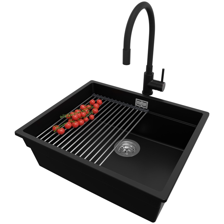 Chiuveta de bucatarie din granit 56x47cm, Chiuveta 1 Cuva + Baterie 40x38cm + Sifon + Suprafata de scurgere rulabila + Accesorii, Pentru dulap de 60cm, Praga PRIMAGRAN, Negru S657
