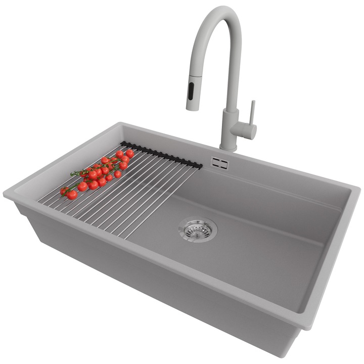 Chiuveta sub blat 76x47cm, Chiuveta 1 Cuva + Baterie 40x20cm + Sifon + Suprafata de scurgere rulabila + Accesorii, Pentru dulap de 80cm, Praga PRIMAGRAN, Gri S737