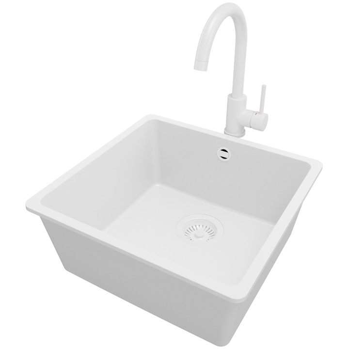 Chiuveta sub blat 46x44cm, Chiuveta 1 Cuva + Baterie 32x20cm + Sifon, Pentru dulap de 50cm, Venetia PRIMAGRAN, Complet Alb S823